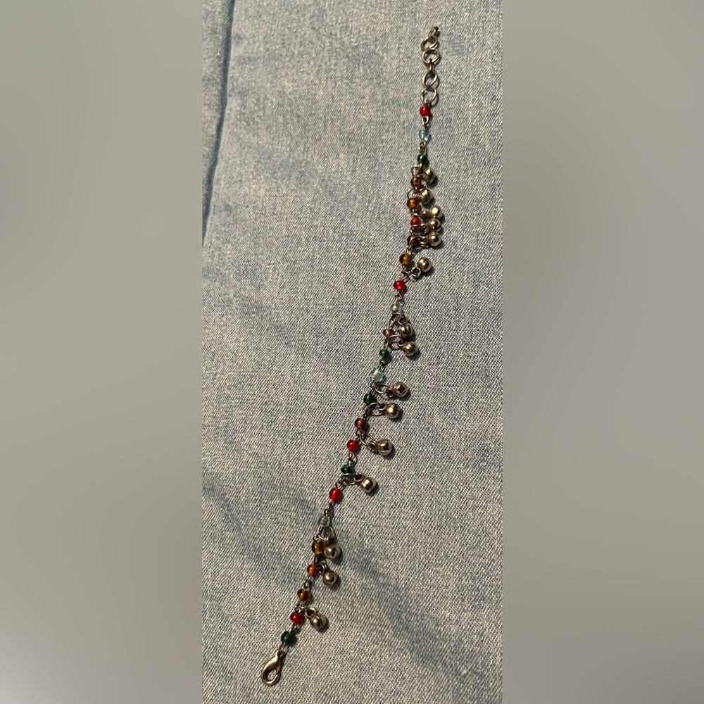Vintage 90s Silver Tone Belly Dance Anklet • Multicolor Beads • Tiny Bell Charms